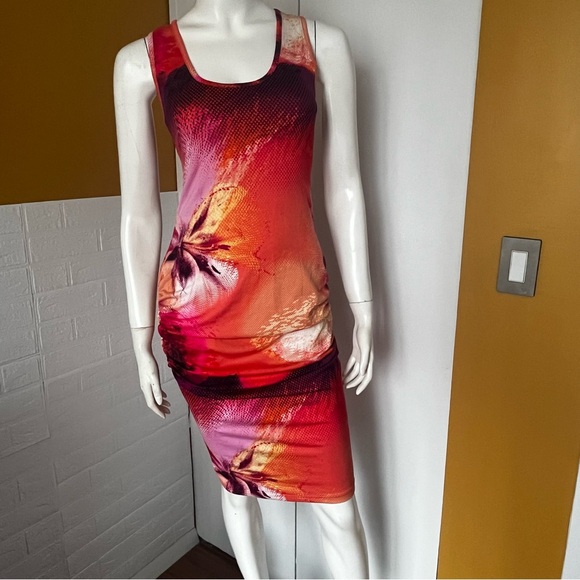 Venus Tropical Dress Body Forming with ruched sides hot pink Palm Trees Med - Picture 1 of 12
